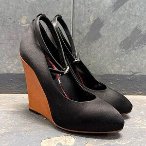 CELINE PHOEBE PHILO ERA black satin wedge heel ankle strap shoes
